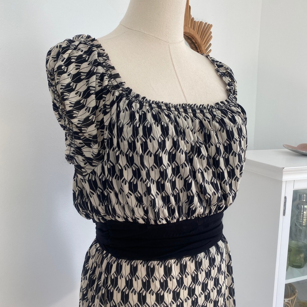Vintage Y2K Boatneck Max Studio Petite Blouse Cream Black Pattern Office Siren - Picture 3 of 12